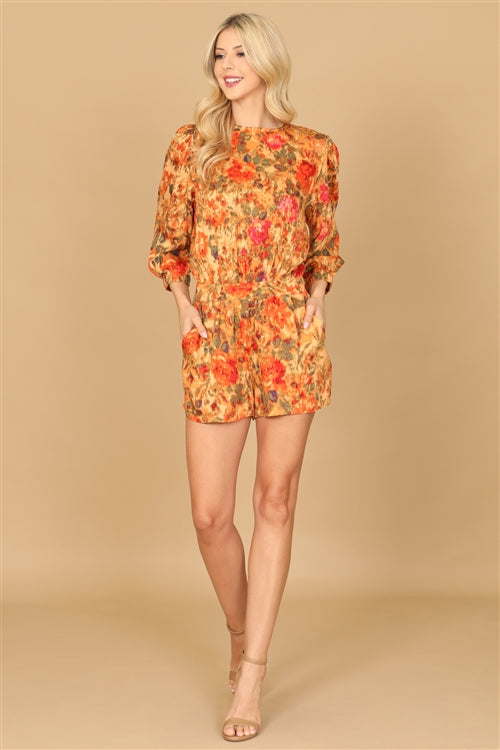 R05337-FLORAL PUFF SLEEVE PAINTERLY PRINT ROMPER 4-0-2