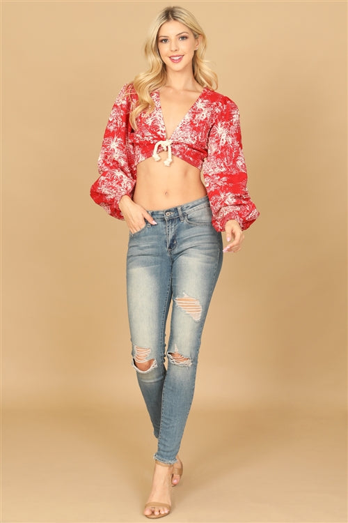 T05271-LONG PUFF SLEEVE TIE FRONT PRINTED TOP 2-2-1