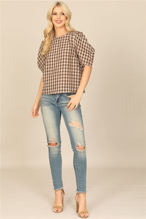 T0577-PLAID HALF PUFF SLEEVE TOP 2-2-1