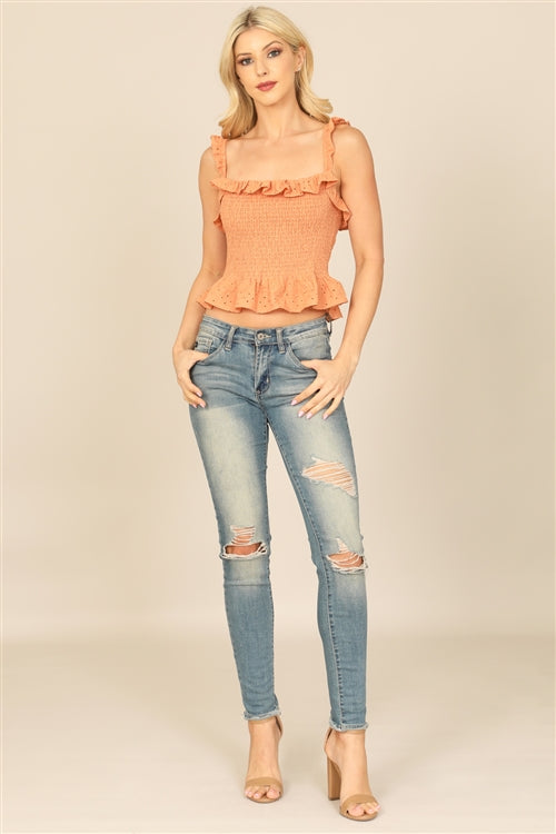 T0522-EYELET SMOCKED RUFFLE LACE CROP TOP 2-2-1