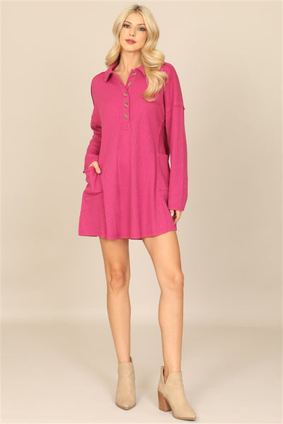 D31005-LONG SLEEVE COLLARED BUTTON DETAIL TEXTURED MINI DRESS 2-2-2