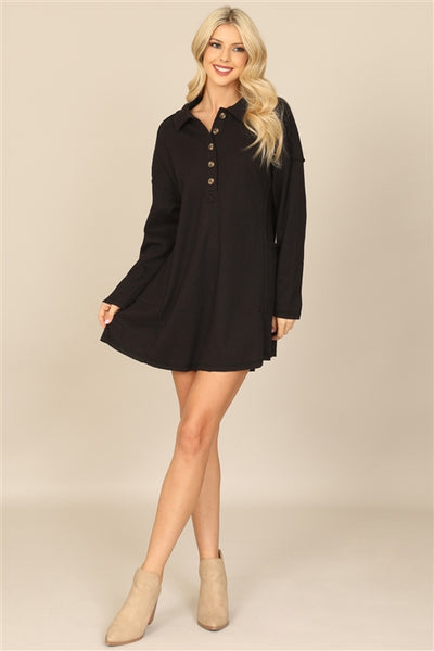 D31005-LONG SLEEVE COLLARED BUTTON DETAIL TEXTURED MINI DRESS 2-2-2