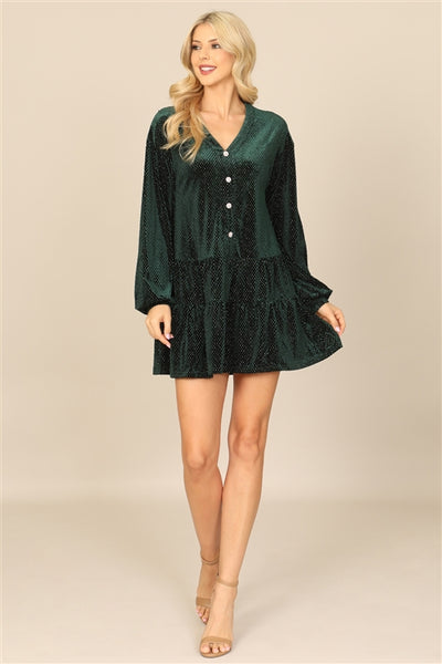 D31003-VELVET LONG PUFF SLEEVE BUTTON DETAIL SILVER DETAIL DRESS 2-2-2