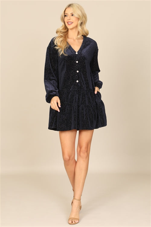 D31003-VELVET LONG PUFF SLEEVE BUTTON DETAIL SILVER DETAIL DRESS 2-2-2