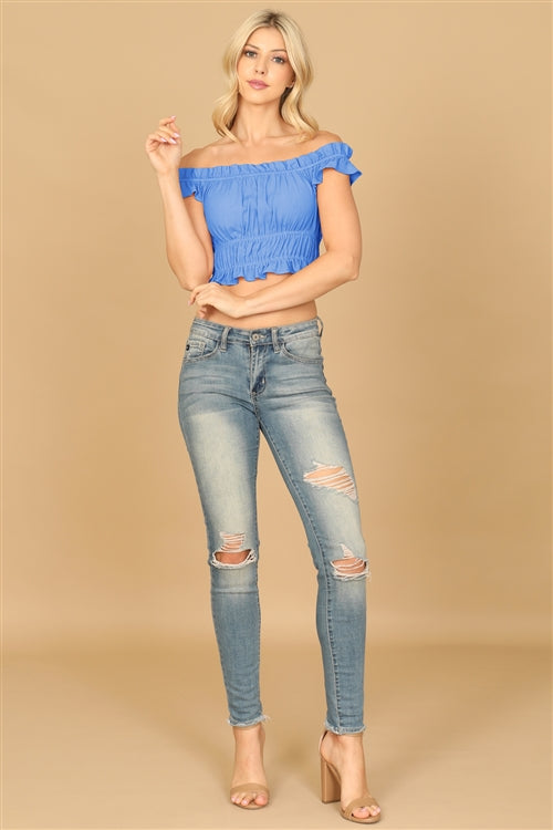 T00778-OFF SHOULDER RUFFLE DETAIL ELASTIC CROP TOP 2-2-1
