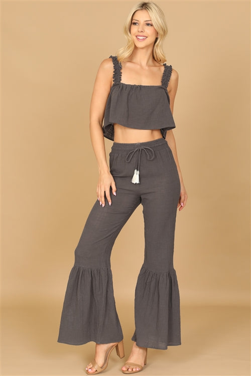 SET00563-564-RUFFLE STRAP FLOWY CROP TOP & FLOUNCE PANTS SET 2-2-2