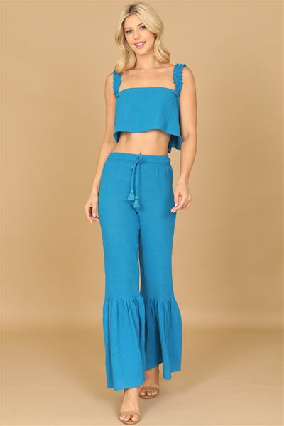 SET00563-564-RUFFLE STRAP FLOWY CROP TOP & FLOUNCE PANTS SET 2-2-1