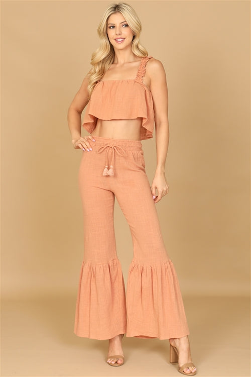 SET00563-564-RUFFLE STRAP FLOWY CROP TOP & FLOUNCE PANTS SET 2-2-1