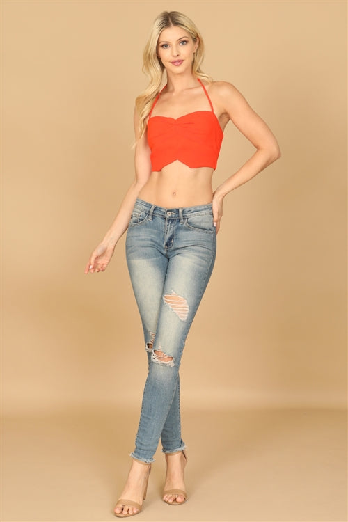 T02255-SPAGHETTI STRAP NOTCH DETAIL SOLID CROP TOP 2-2-1