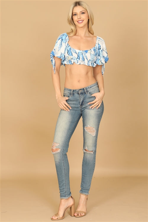 T02124-PUFF TIE SLEEVE RUFFLE PRINTED CROP TOP 2-2-1