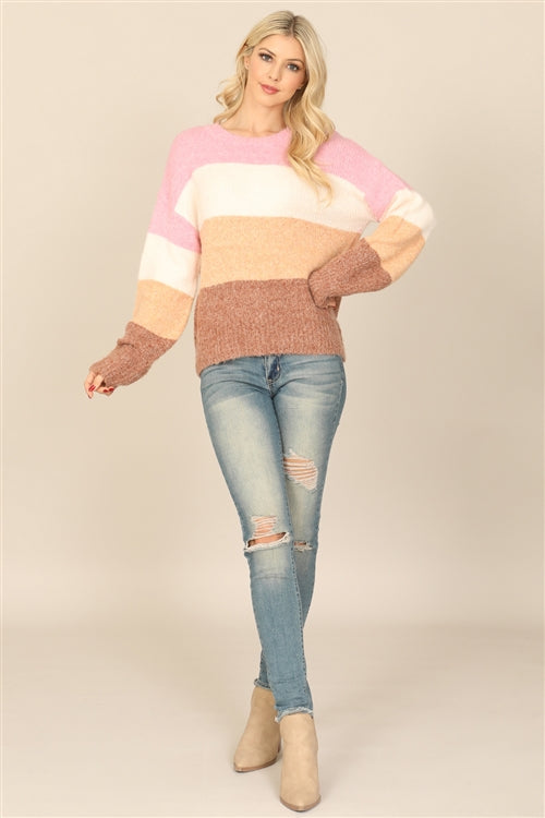 T1075-LONG SLEEVE COLOR BLOCK KNITTED TOP 2-2-2