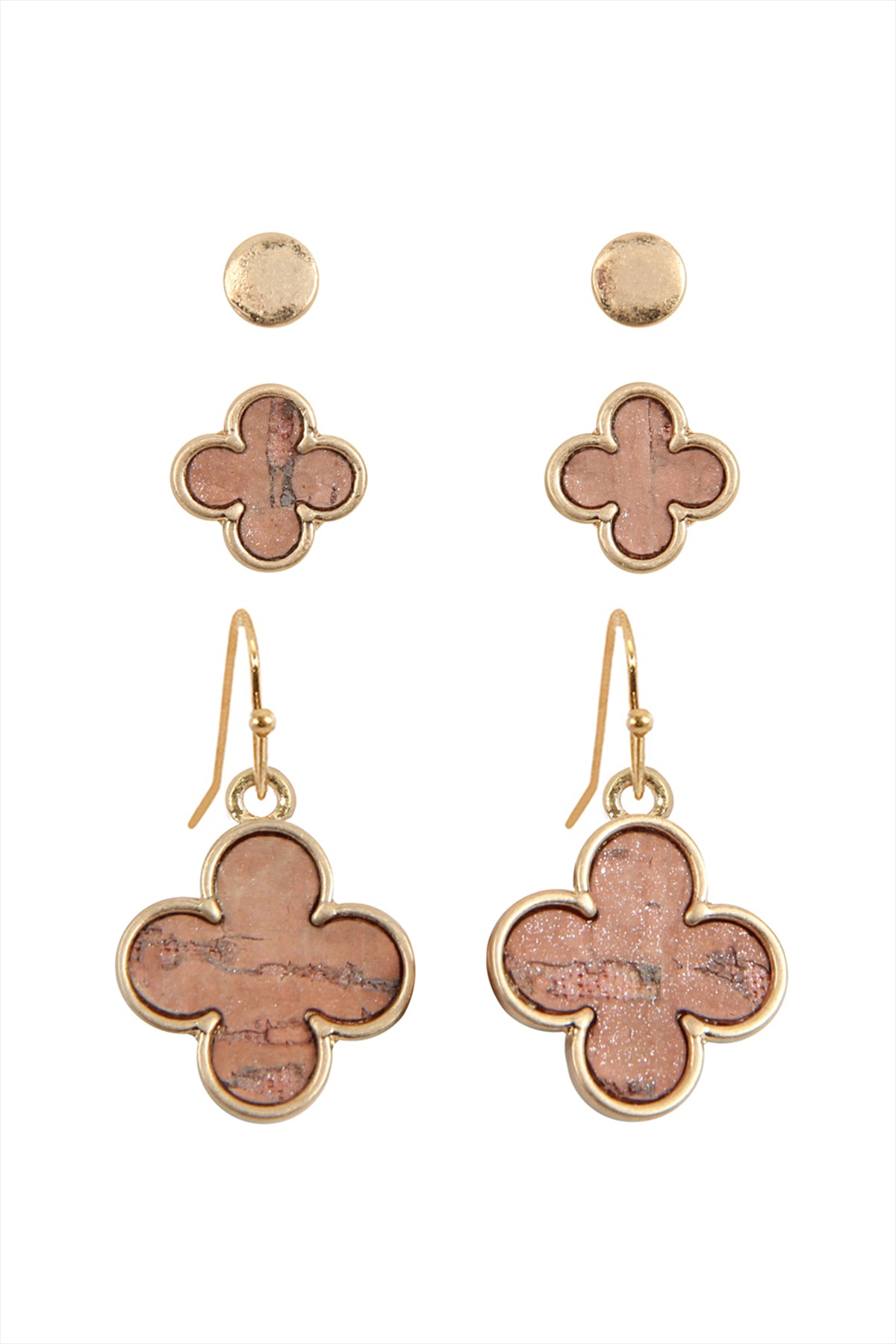 3 SET CORK CLOVER EARRINGS - LIGHT BROWN