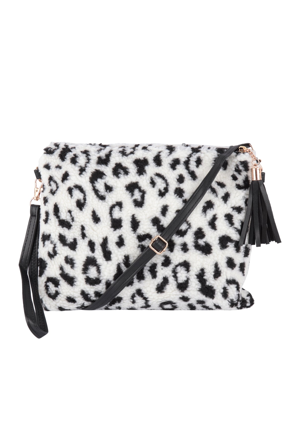 LEOPARD FUR FLEECE CROSSBODY CLUTCH BAG