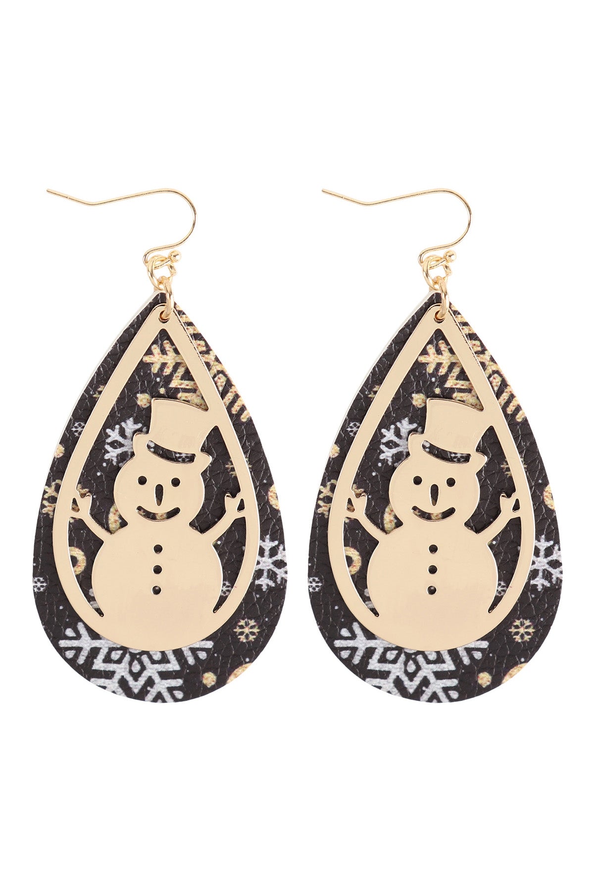 CHRISTMAS SNOWMAN METAL LEATHER LAYERED FISH HOOK EARRINGS