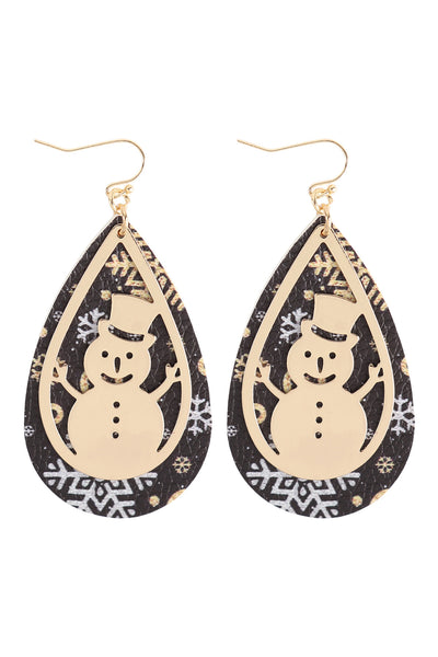 CHRISTMAS SNOWMAN METAL LEATHER LAYERED FISH HOOK EARRINGS
