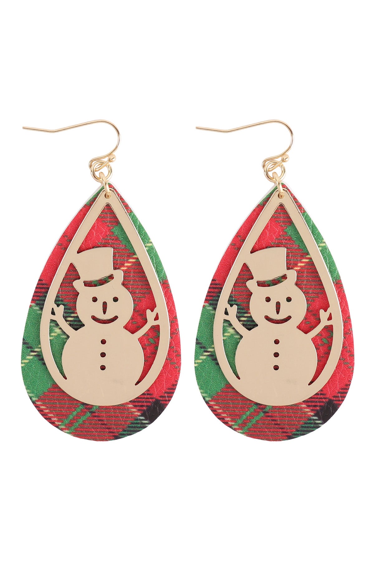 CHRISTMAS SNOWMAN METAL LEATHER LAYERED FISH HOOK EARRINGS
