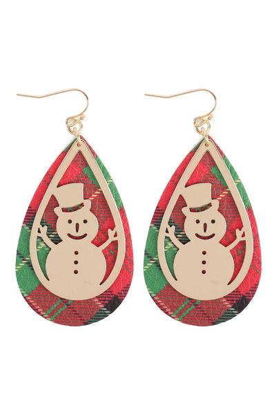 CHRISTMAS SNOWMAN METAL LEATHER LAYERED FISH HOOK EARRINGS