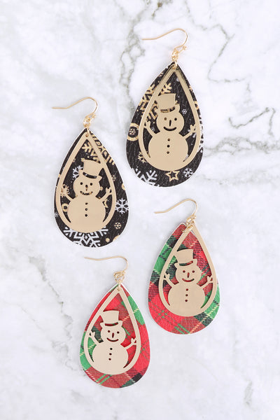 CHRISTMAS SNOWMAN METAL LEATHER LAYERED FISH HOOK EARRINGS