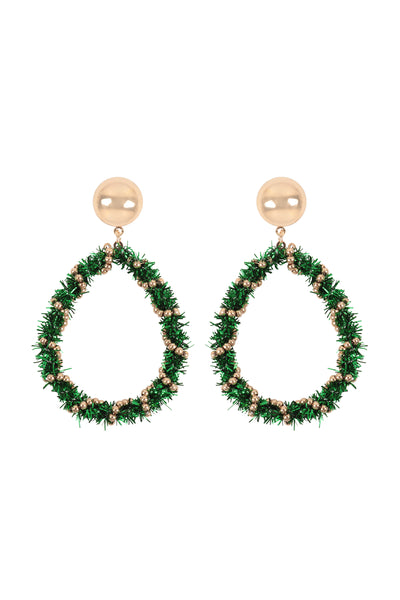 CHRISTMAS WREATH TINSEL TEARDROP SHAPE EARRINGS