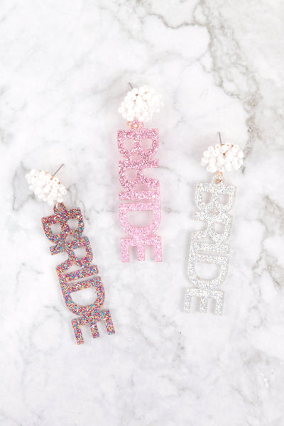 BRIDE GLITTER W/ BALL BEAD DANGLE POST EARINGS