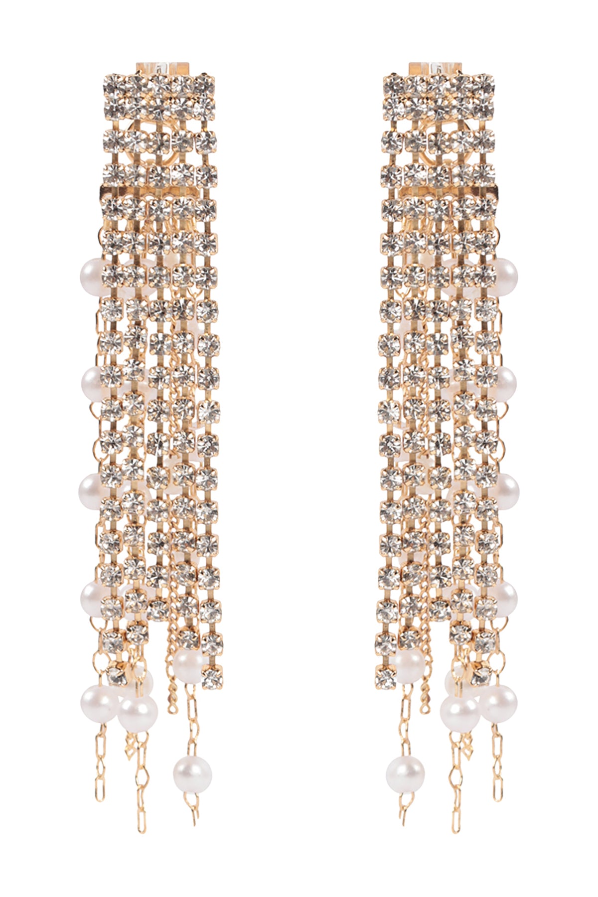 PEARL RHINESTONE FRINGE FRONT BACK DROP EARRINGS