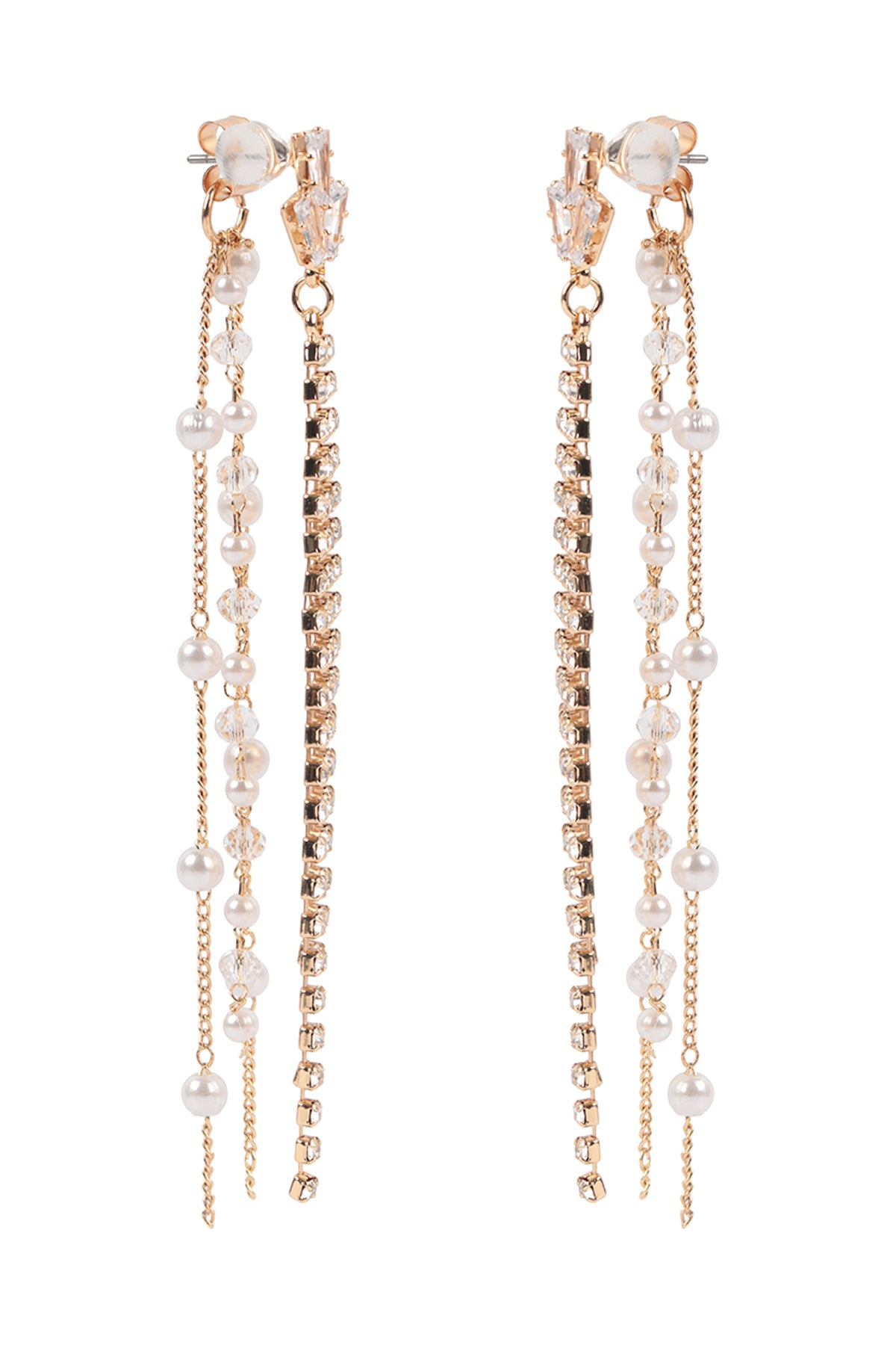 PEARL RHINESTONE FRINGE FRONT BACK CHAIN DROP EARRINGS