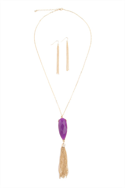 BIG EPOXY STONE WITH TASSEL LONG NECKLACE SET