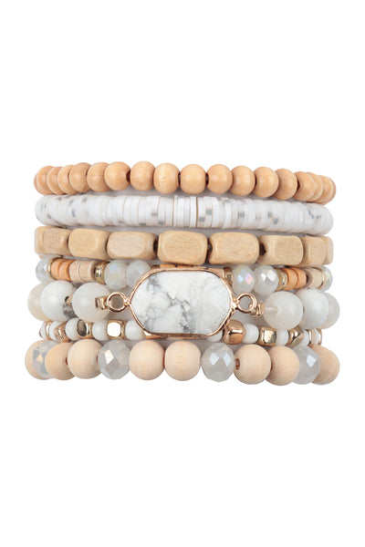 CHARM LAYERED WOOD, FIMO, RONDELLE MIX BEADS STACKABLE BRACELET