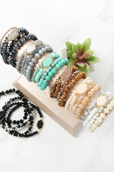 DRUZY STONE HEXAGON GLASS BEADS BRACELET