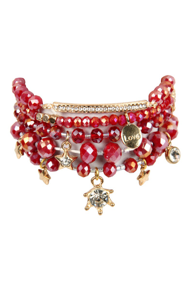 BURGUNDY GLASS BEADS CHARM BRACELET SET