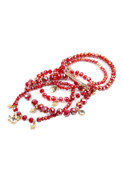 BURGUNDY GLASS BEADS CHARM BRACELET SET