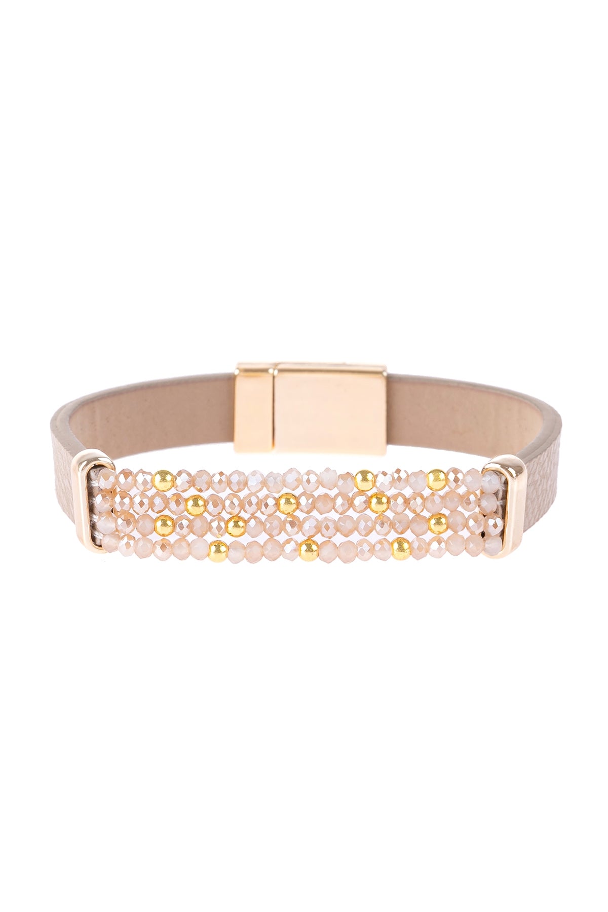 4 LINE BEADED LEATHER STRAP MAGNETIC BRACELET