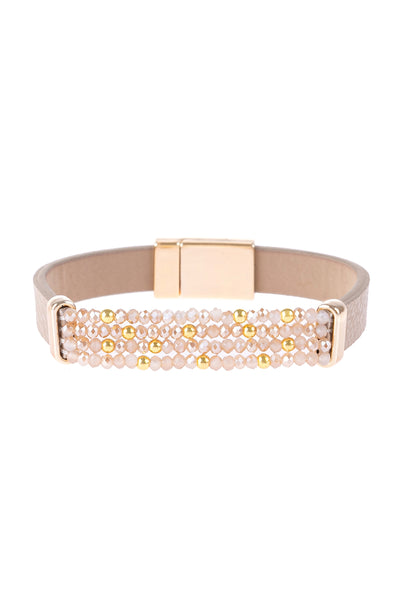 4 LINE BEADED LEATHER STRAP MAGNETIC BRACELET