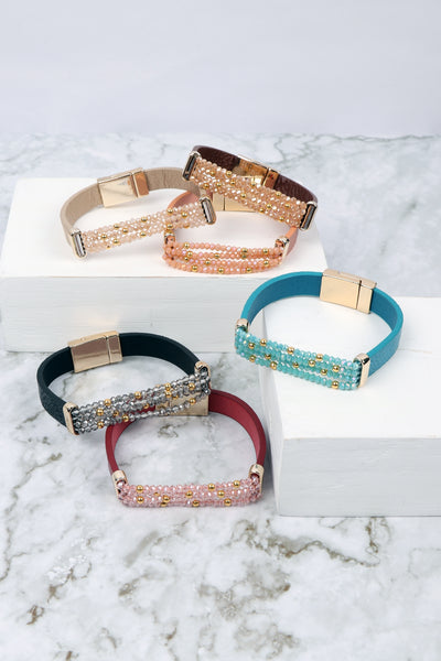 4 LINE BEADED LEATHER STRAP MAGNETIC BRACELET