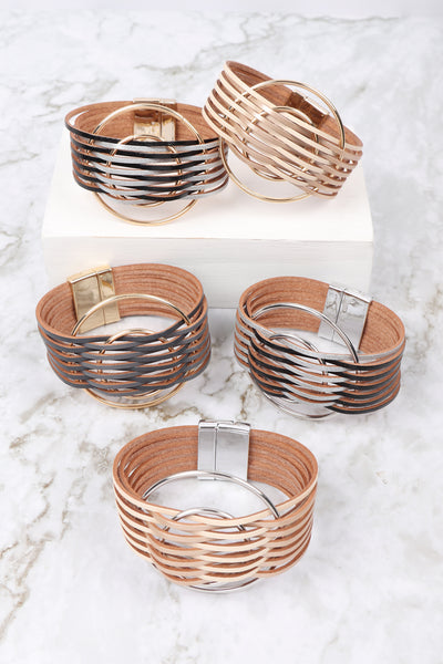 METALLIC LEATHER RING CHARM WITH MAGNETIC LOCK BRACELET/6PCS (NOW $1.25 ONLY!)