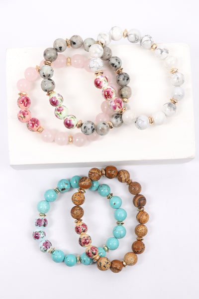 FLORAL PAINTED STONE BEADS BRACELET