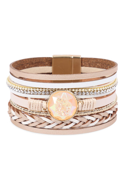LEATHER WRAP WITH CRYSTAL CHARM MAGNETIC LOCK BRACELET