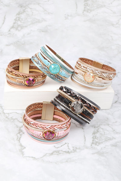 LEATHER WRAP WITH CRYSTAL CHARM MAGNETIC LOCK BRACELET
