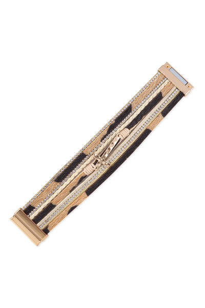 LEOPARD PRINT LEATHER WRAP MAGNETIC LOCK W/ CROSS BRACELET