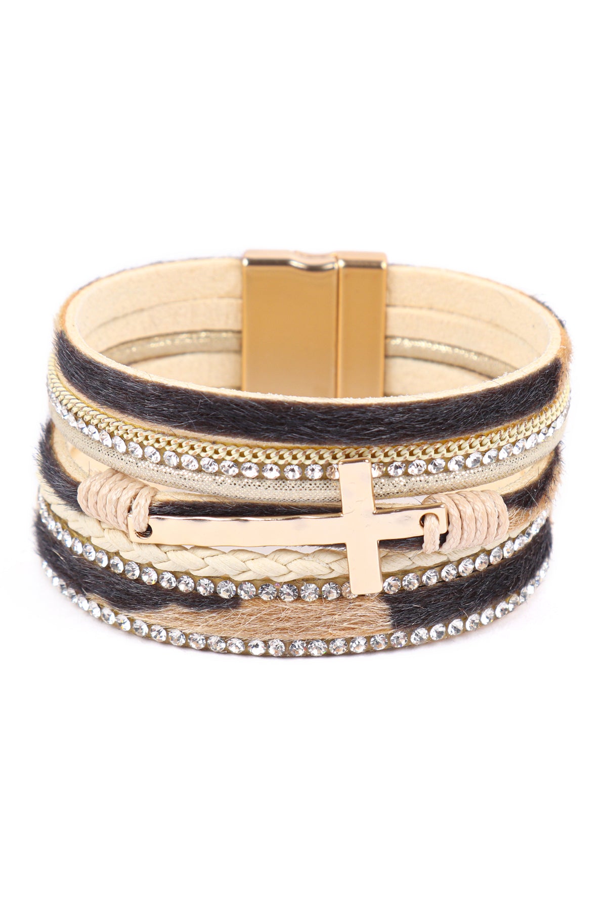 LEOPARD PRINT LEATHER WRAP MAGNETIC LOCK W/ CROSS BRACELET