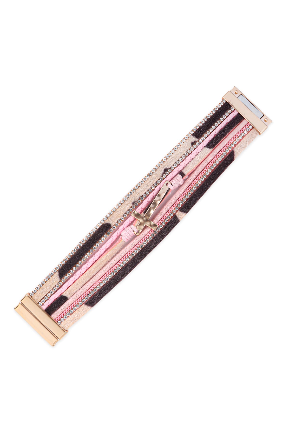 LEOPARD PRINT LEATHER WRAP MAGNETIC LOCK W/ CROSS BRACELET