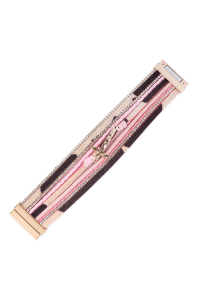LEOPARD PRINT LEATHER WRAP MAGNETIC LOCK W/ CROSS BRACELET
