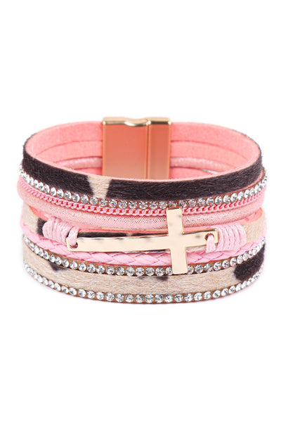 LEOPARD PRINT LEATHER WRAP MAGNETIC LOCK W/ CROSS BRACELET