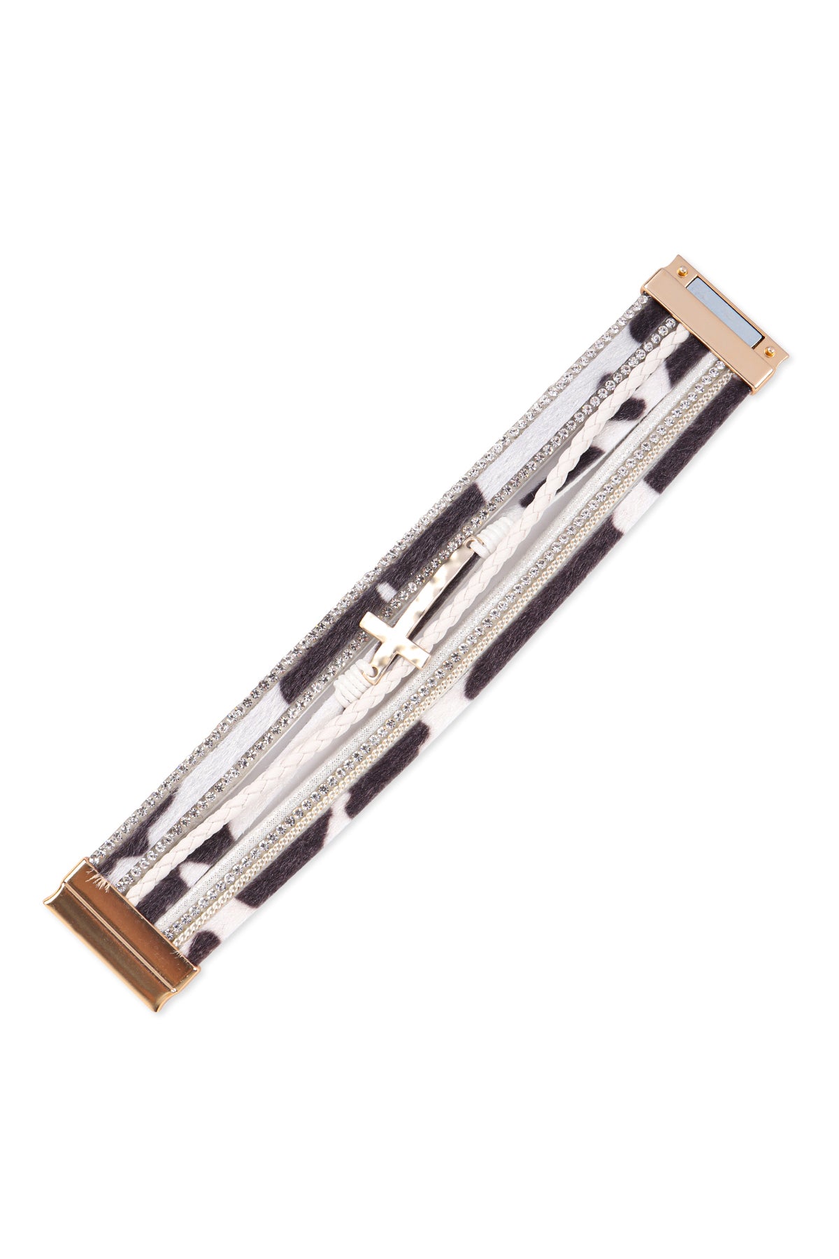 LEOPARD PRINT LEATHER WRAP MAGNETIC LOCK W/ CROSS BRACELET