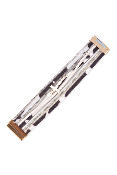 LEOPARD PRINT LEATHER WRAP MAGNETIC LOCK W/ CROSS BRACELET