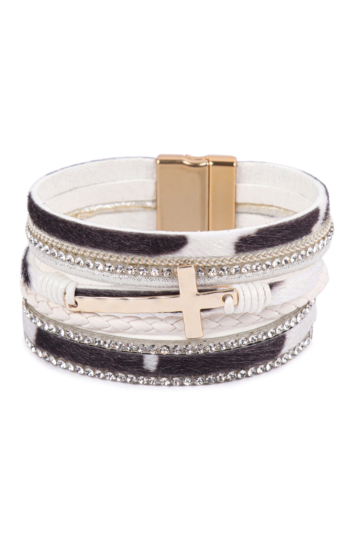 LEOPARD PRINT LEATHER WRAP MAGNETIC LOCK W/ CROSS BRACELET