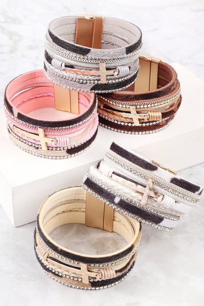 LEOPARD PRINT LEATHER WRAP MAGNETIC LOCK W/ CROSS BRACELET