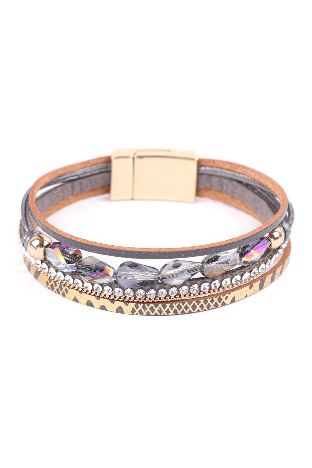 GLASS BEAD LEATHER PRINT MAGNETIC LOCK BRACELET