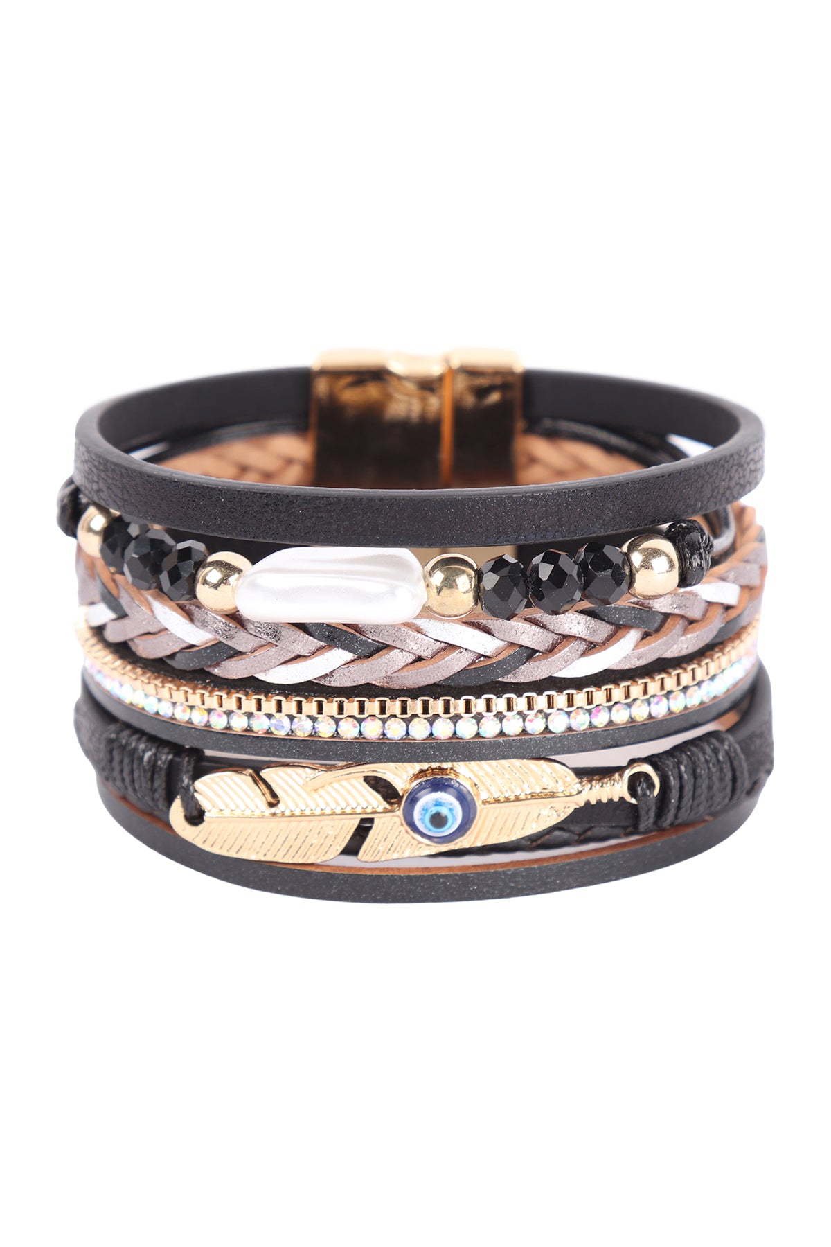 LEATHER WRAP W/ FEATHER EVIL EYE CHARM BRACELET