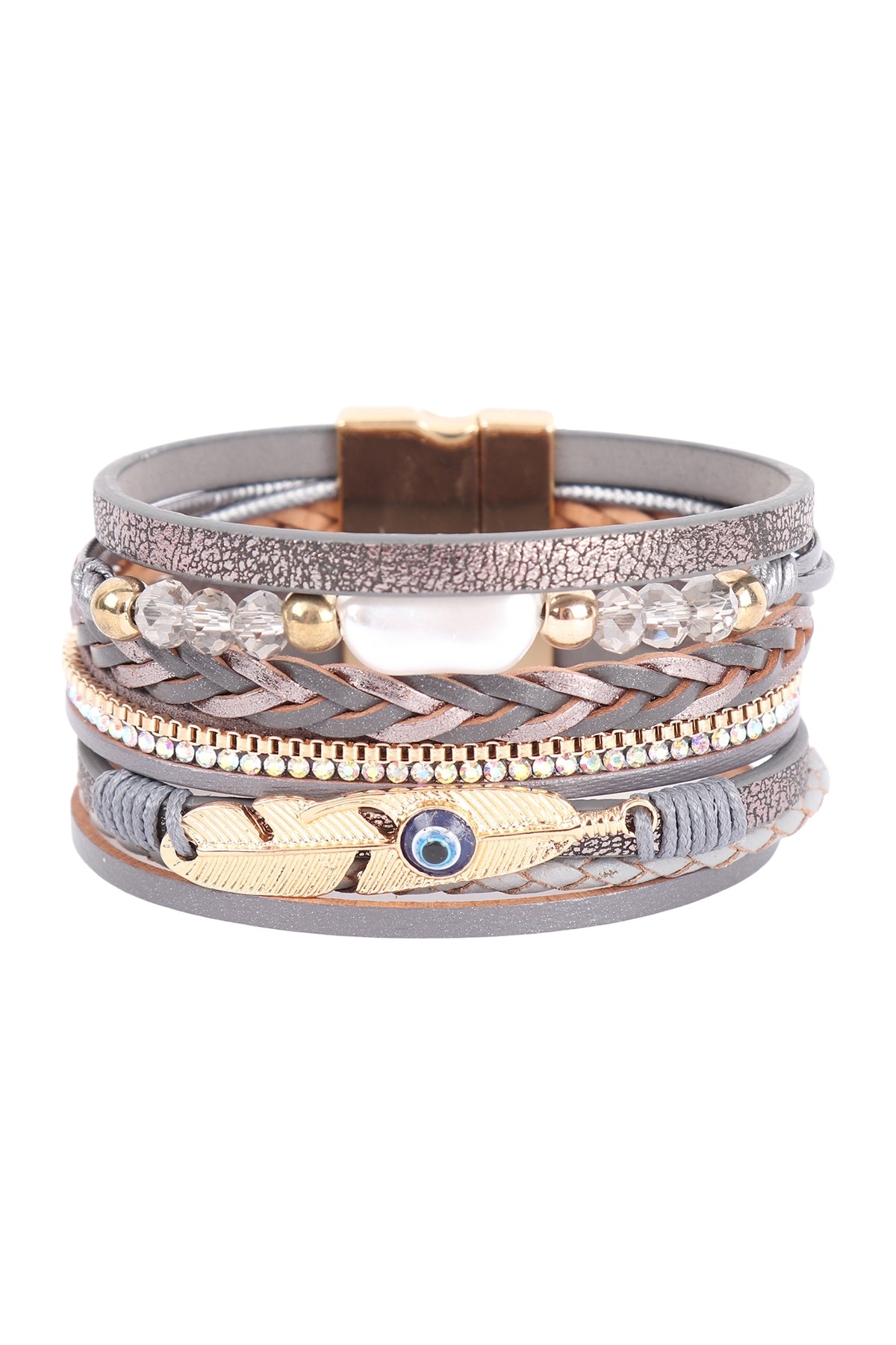 LEATHER WRAP  W/ FEATHER EVIL EYE CHARM BRACELET
